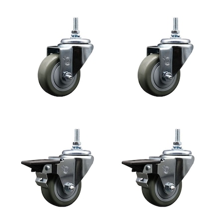 Service Caster 3 Inch Gray Polyurethane 12 MM Threaded Stem Caster Set 2 Brakes SCC SCC-TS20S314-PPUB-M1215-2-PLB-2